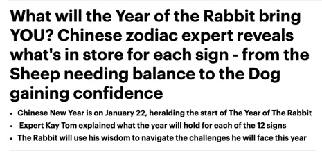Mail Online headline - Year of the Rabbit